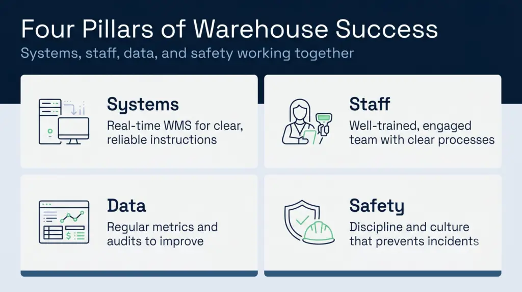 Four key pillars of warehouse operations success: systems alignment, staff training, data-driven decisions, and safety discipline, shown as columns supporting warehouse efficiency.